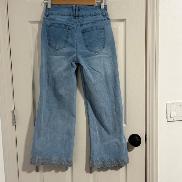 Curve Appeal Wide Leg Jeans Womens 4/27 Blue High Rise Embroidered Boho Cottage - Picture 2 of 12